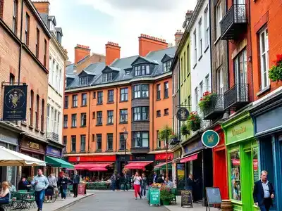 Colorful Dublin street with historic buildings and lively atmosphere.