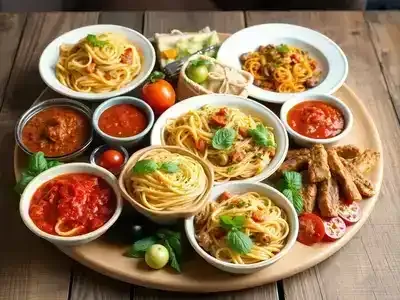 Traditional Italian dishes featuring colorful pasta and fresh ingredients.