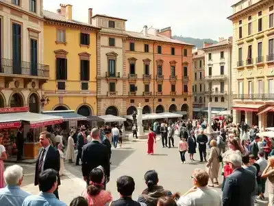 Italian film set with actors and historic architecture.