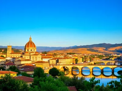  Florence skyline with Cathedral and Ponte Vecchio at sunset