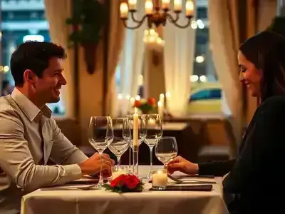 Couple dining romantically in a cozy Milan restaurant.