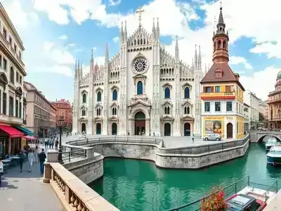 Collage of Milan's landmarks and local cuisine.