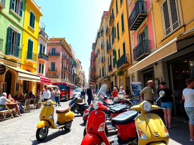 Colorful street scene in Naples with local cafes and scooters.