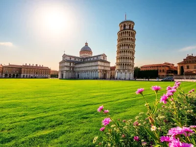 Leaning Tower of Pisa with vibrant flowers and greenery.