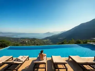 Infinity pool with scenic Italian landscape and blue sky.