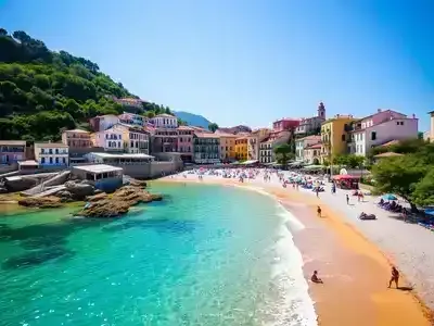 Idyllic Italian beach resort filled with families enjoying sun.