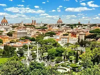 Scenic view of Rome with couples and landmarks.