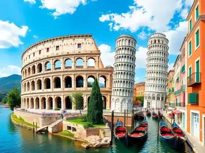 Collage of Italy's famous landmarks and scenic landscapes.