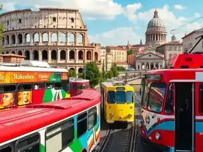 Vibrant transport options amidst Italy's famous landmarks.