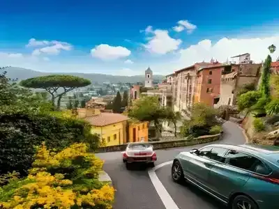 Colorful Italian cityscape with transport options for travelers.