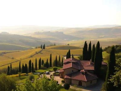 Scenic Tuscan landscape with vineyards and rolling hills.