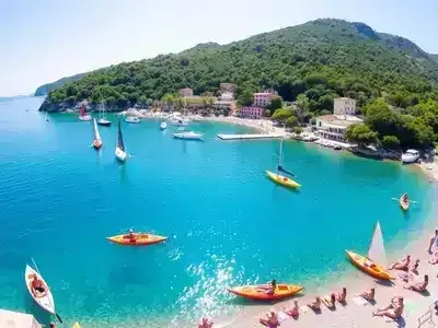 Ischia coastline with boats and water sports activities.