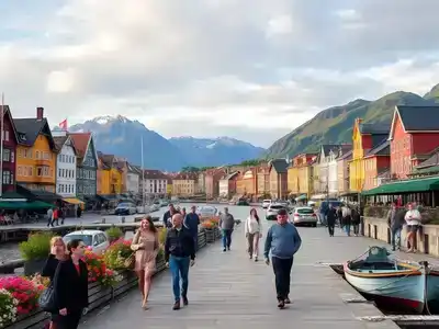  Ålesund waterfront with colorful buildings and scenic mountains.