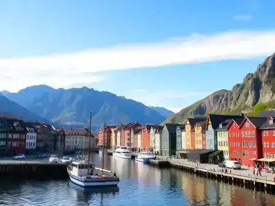 Colorful wooden houses along Bergen&rsquo;s scenic harbor.