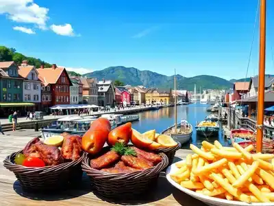 Bergen waterfront with colorful houses and traditional cuisine.
