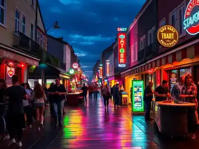 Stavanger nightlife with people, bars, and bright lights.