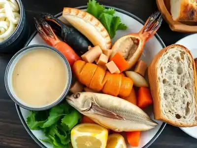 Traditional Norwegian seafood and dishes on a plate.