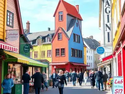 Colorful shops and traditional architecture in Stavanger.