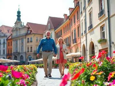 Couple enjoying a sunny day in Krakow&rsquo;s historic streets.