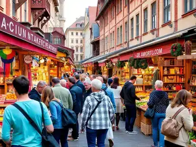 Colorful market stalls in Wroclaw&rsquo;s vibrant shopping scene.