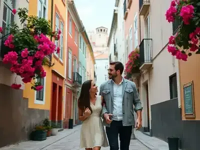 Couple walking through vibrant streets of Lisbon.