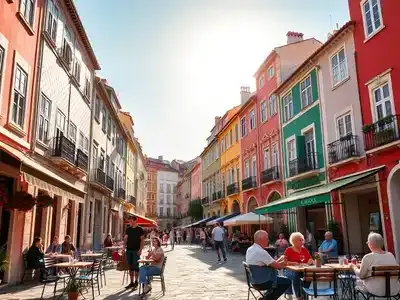 Colorful streets of Lisbon with outdoor cafes and couples.