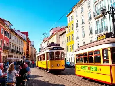 Colorful streets of Lisbon with trams and outdoor cafes.