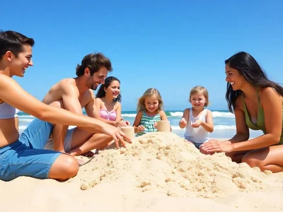 Family having fun at a beach in Portugal.
