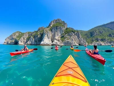 Kayakers paddling in clear waters surrounded by cliffs.