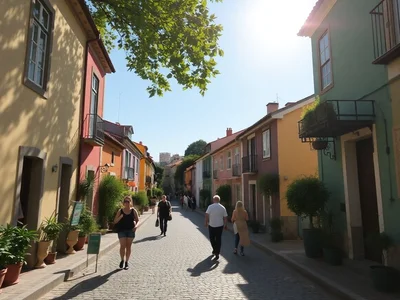 Charming cobblestone street in a colorful Portuguese town.