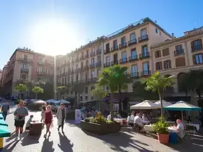 Barcelona cityscape featuring seniors, families, and couples under sunny sky.