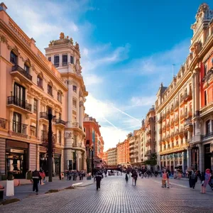 Madrid street scene with vibrant landmarks, lively people, and daylight.