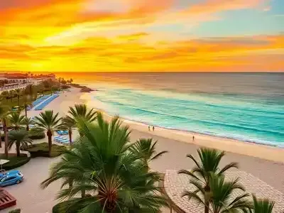 Stunning beach resort in Spain with sunset and palm trees.