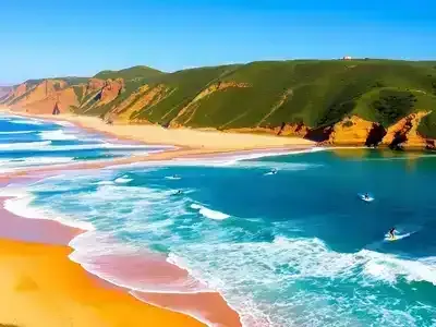 Surfers riding waves at Playa de la Lanzada beach.