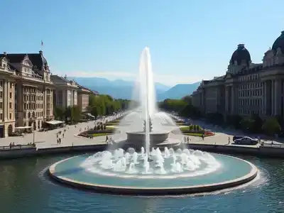Jet d&rsquo;Eau fountain in Lake Geneva with clear blue sky.