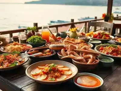Delicious Izmir dishes on a rustic table with sea view.