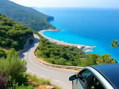 Coastal road in Turkey with a parked rental car.