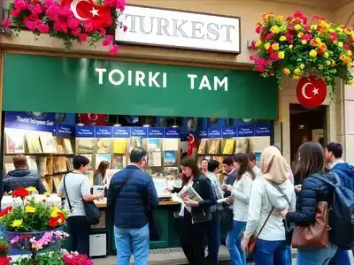 Tourist information center in Turkey with travelers and brochures.