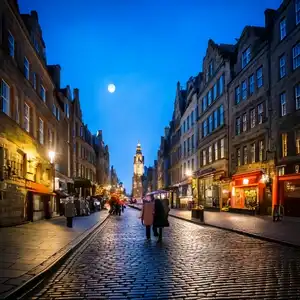 Moonlit Edinburgh streets with elderly couples enjoying vibrant cultural heritage.